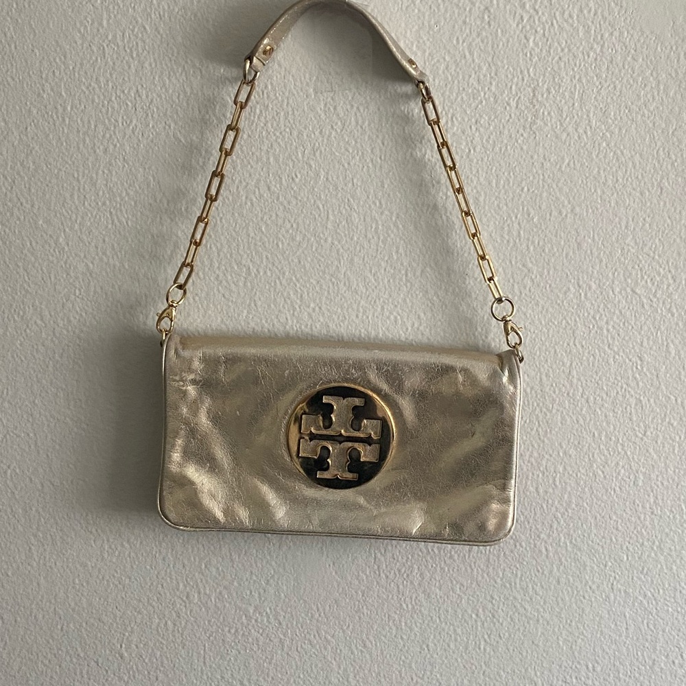 TORY BURCH Metallic Gold Reva Folded Clutch Purse